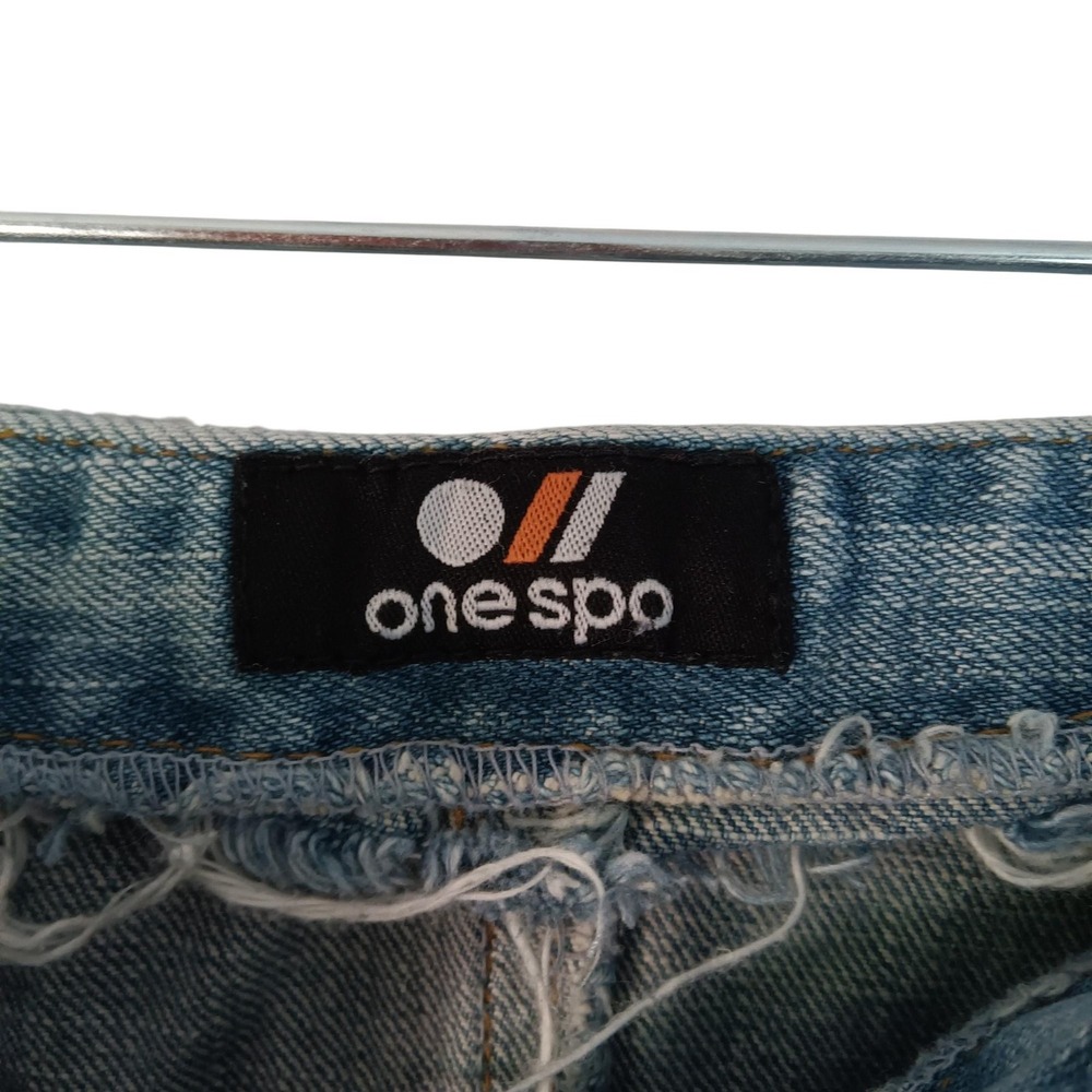 Y2K One Spo Distressed Denim Mini Skirt Womens Small Blue Zipper Grunge‎ Raw Hem - Picture 2 of 8